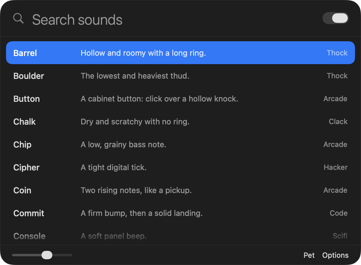 The Teclo window in dark mode: a search field, a list of sound packs with the Barrel pack selected, and a volume slider.